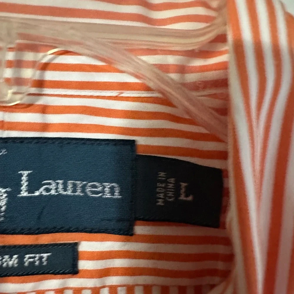 Ralph Lauren Custom Fit Mens Large Orange White Striped Button Down Shirt Cotton
